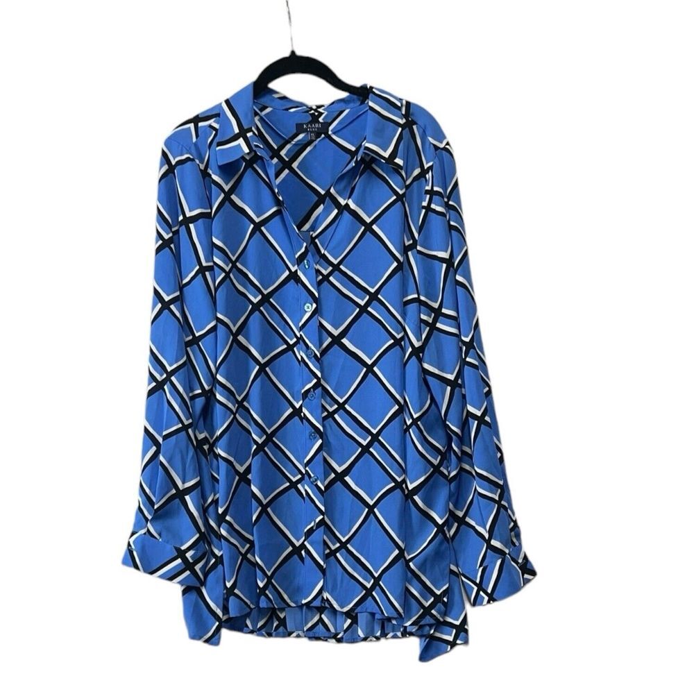 Kaari Blue Womens Pleated Blouse Size XL Blue Black‎ Button Up Top